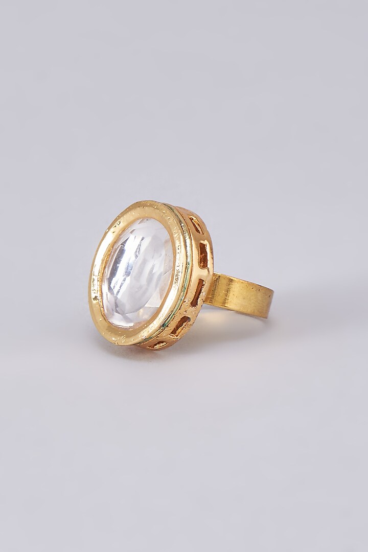 Gold Finish Kundan Polki Meenakari Ring by RUBY RAANG MEN at Pernia's Pop Up Shop