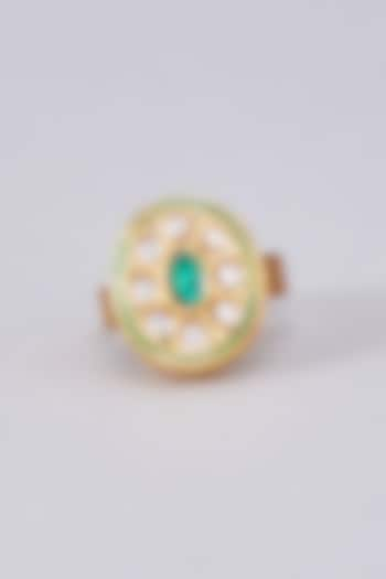 Gold Finish Kundan Polki Meenakari Ring by RUBY RAANG MEN