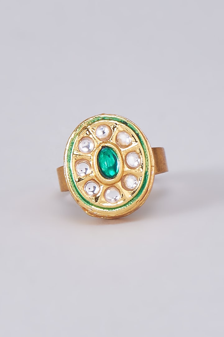 Gold Finish Kundan Polki Meenakari Ring by RUBY RAANG MEN