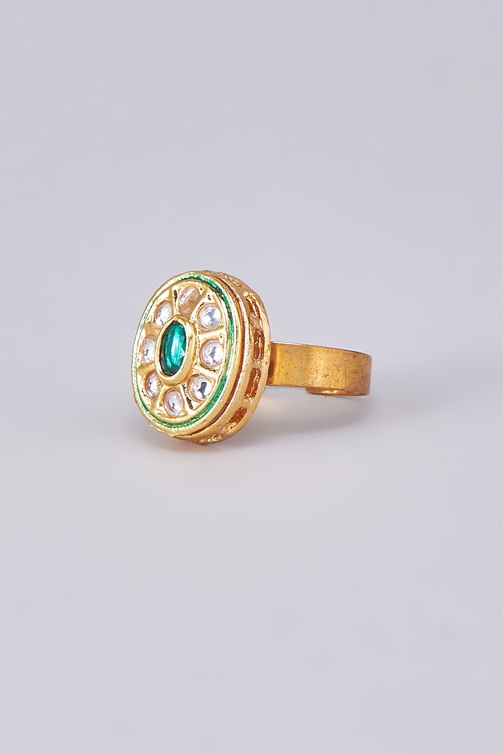 Gold Finish Kundan Polki Meenakari Ring by RUBY RAANG MEN at Pernia's Pop Up Shop
