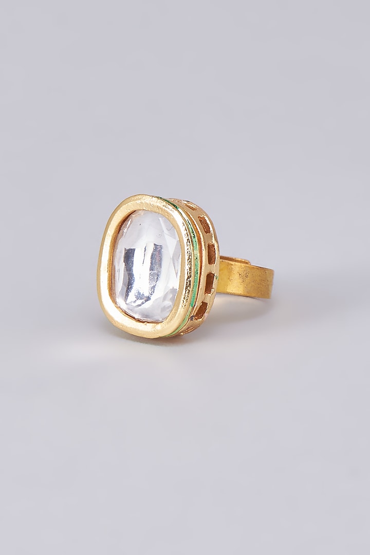 Gold Finish Kundan Polki Meenakari Ring by RUBY RAANG MEN at Pernia's Pop Up Shop