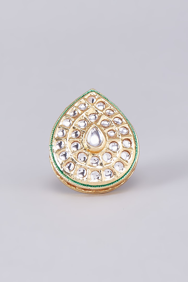 Gold Finish Kundan Polki Meenakari Ring by RUBY RAANG MEN