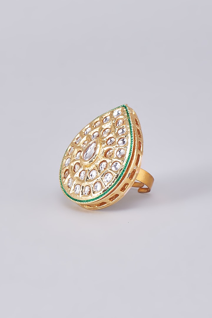 Gold Finish Kundan Polki Meenakari Ring by RUBY RAANG MEN at Pernia's Pop Up Shop