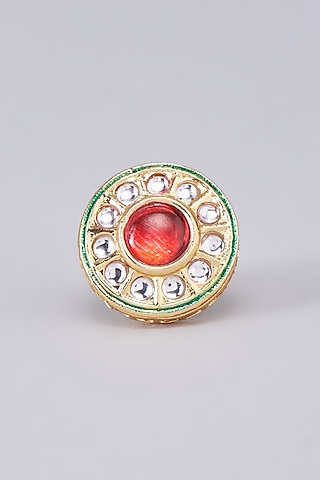 Gold Finish Red Kundan Polki Meenakari Ring by RUBY RAANG MEN