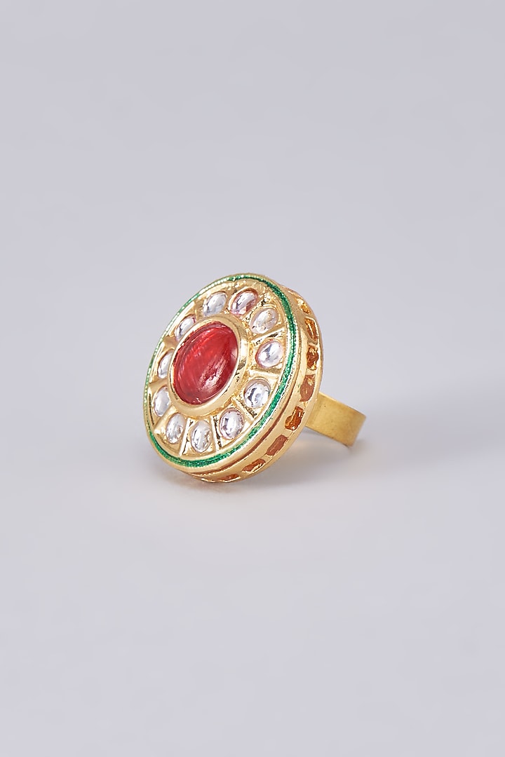 Gold Finish Red Kundan Polki Meenakari Ring by RUBY RAANG MEN at Pernia's Pop Up Shop