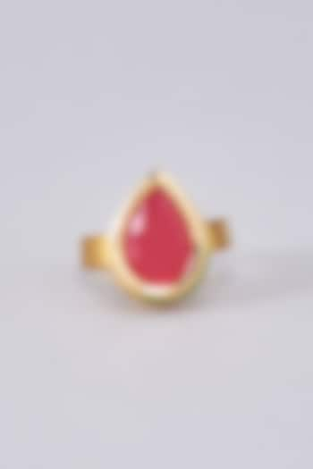 Gold Finish Red Kundan Polki Meenakari Ring by RUBY RAANG MEN