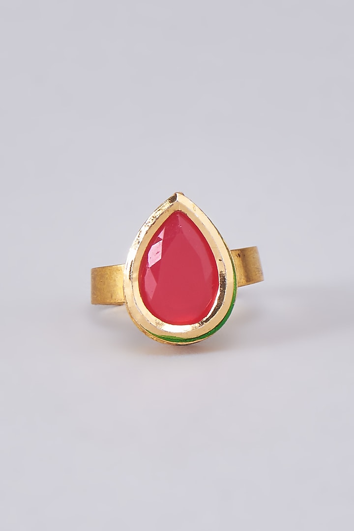 Gold Finish Red Kundan Polki Meenakari Ring by RUBY RAANG MEN