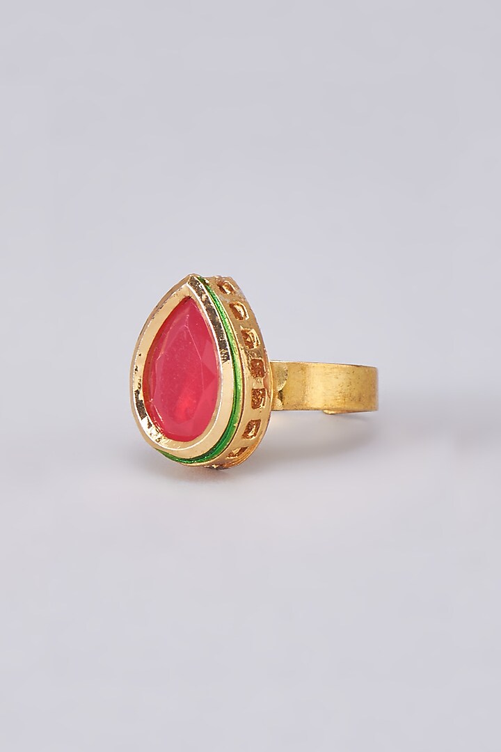 Gold Finish Red Kundan Polki Meenakari Ring by RUBY RAANG MEN at Pernia's Pop Up Shop