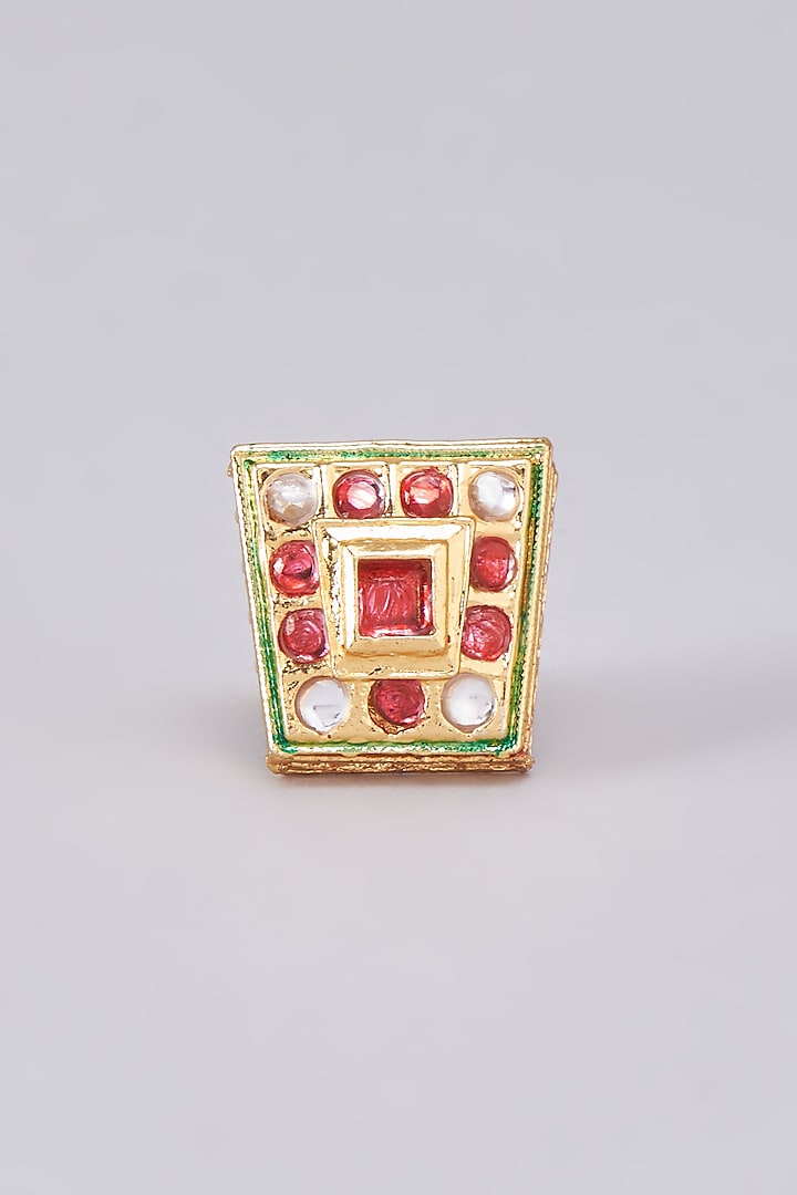 Gold Finish Kundan Polki Meenakari Ring by RUBY RAANG MEN