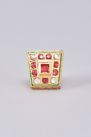 Gold Finish Kundan Polki Meenakari Ring by RUBY RAANG MEN