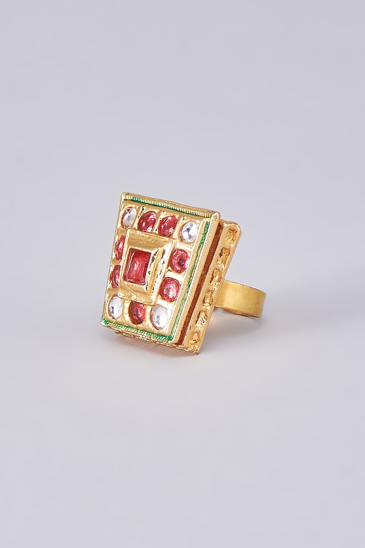 Gold Finish Kundan Polki Meenakari Ring by RUBY RAANG MEN at Pernia's Pop Up Shop