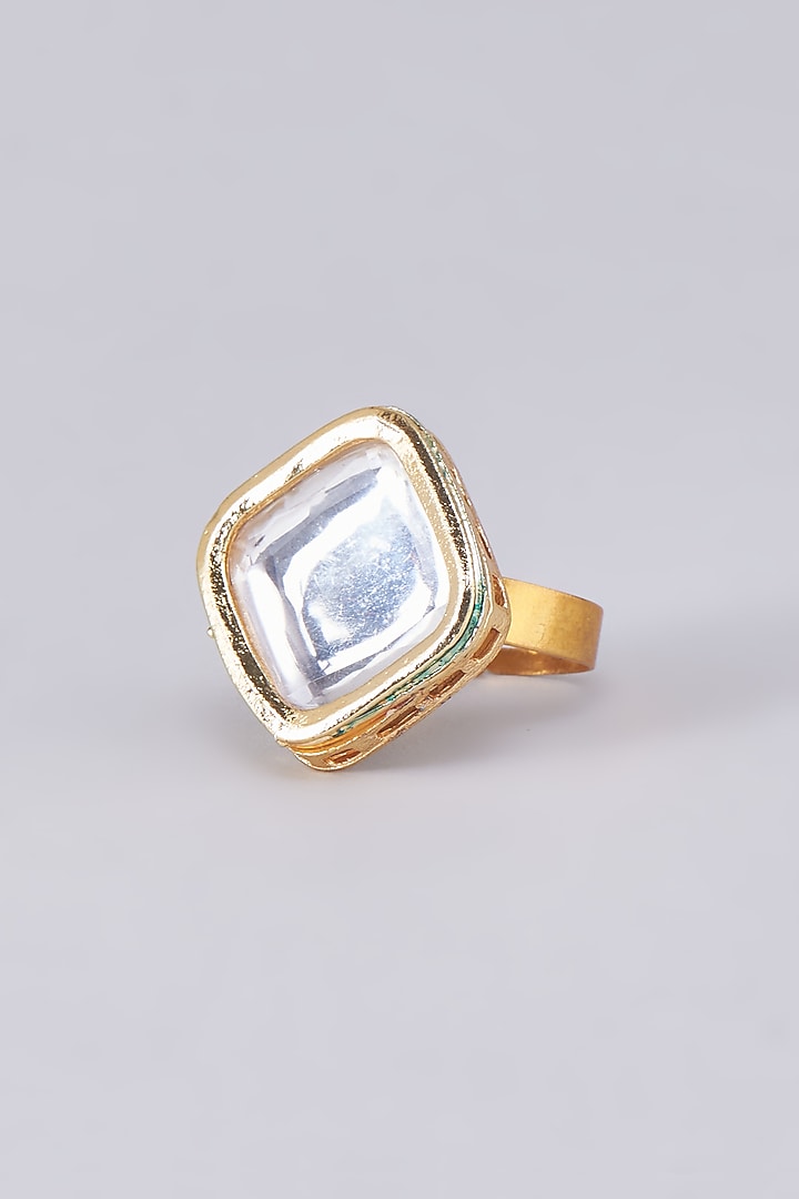 Gold Finish Kundan Polki Meenakari Ring by RUBY RAANG MEN at Pernia's Pop Up Shop