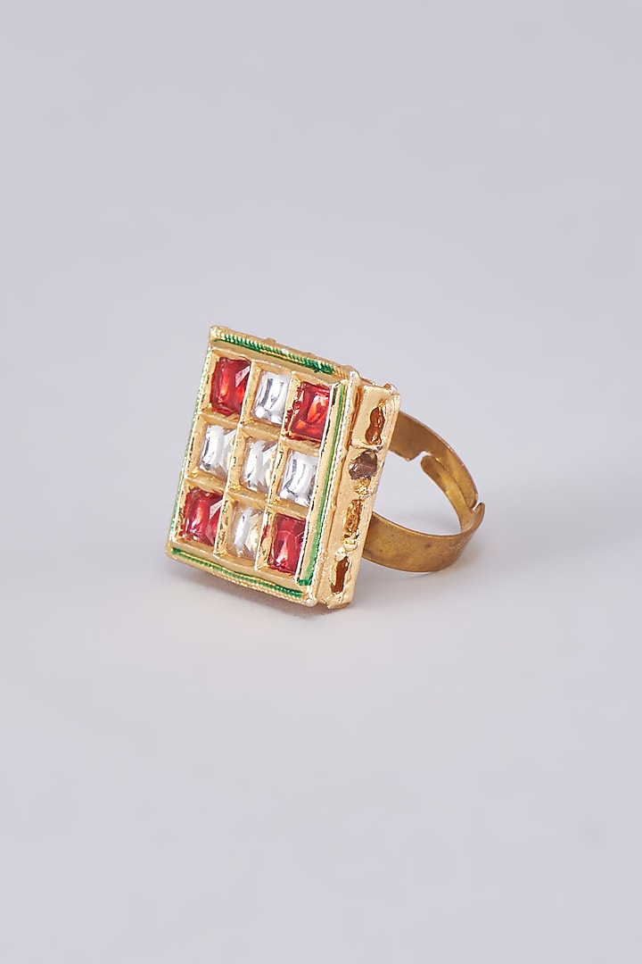 Gold Finish Kundan Polki Meenakari Ring by RUBY RAANG MEN at Pernia's Pop Up Shop