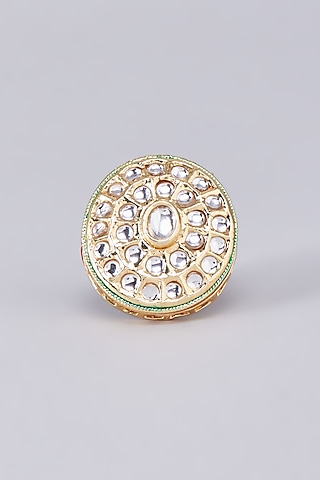 Gold Finish Kundan Polki Meenakari Ring by RUBY RAANG MEN