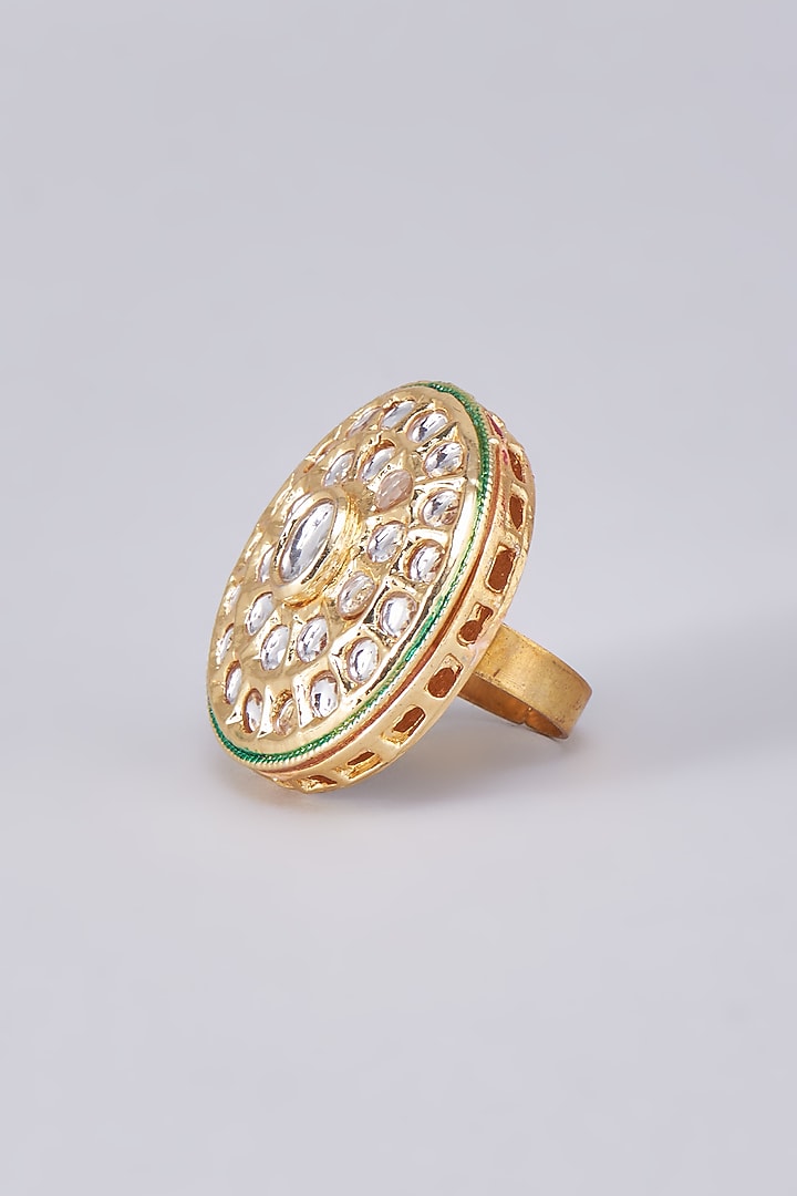 Gold Finish Kundan Polki Meenakari Ring by RUBY RAANG MEN at Pernia's Pop Up Shop