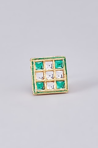 Gold Finish Kundan Polki Meenakari Ring by RUBY RAANG MEN