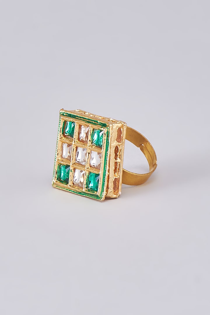 Gold Finish Kundan Polki Meenakari Ring by RUBY RAANG MEN at Pernia's Pop Up Shop