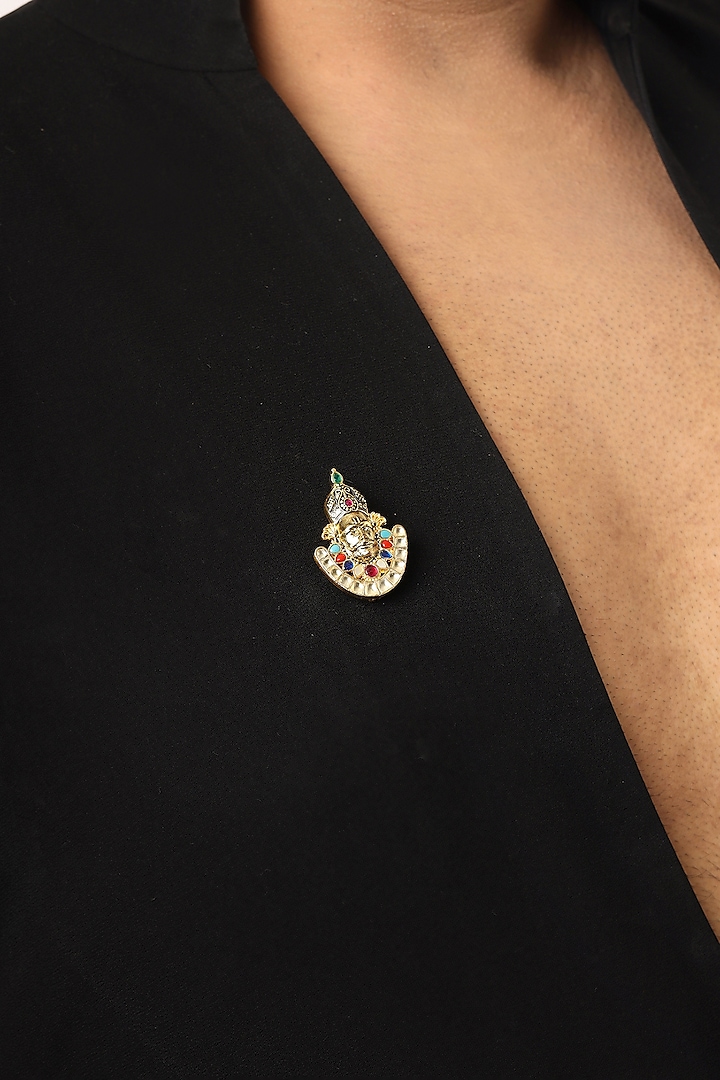 Antique Gold Finish Brass & Multi-Colored Stone Handcrafted Brooch by RUBY RAANG MEN at Pernia's Pop Up Shop