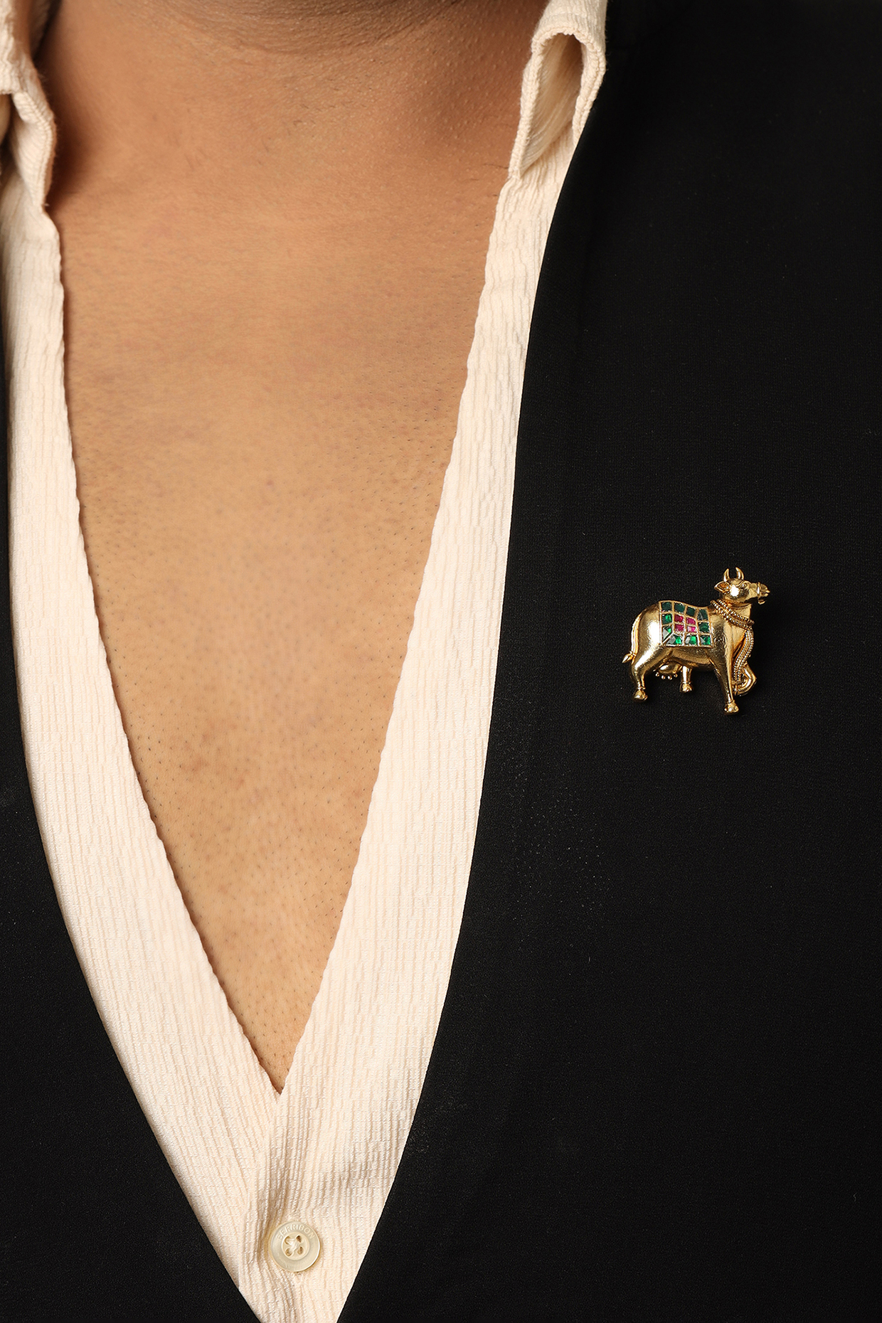 Gold Finish Brass & Multi-Colored Embellished Handcrafted Brooch by RUBY RAANG MEN