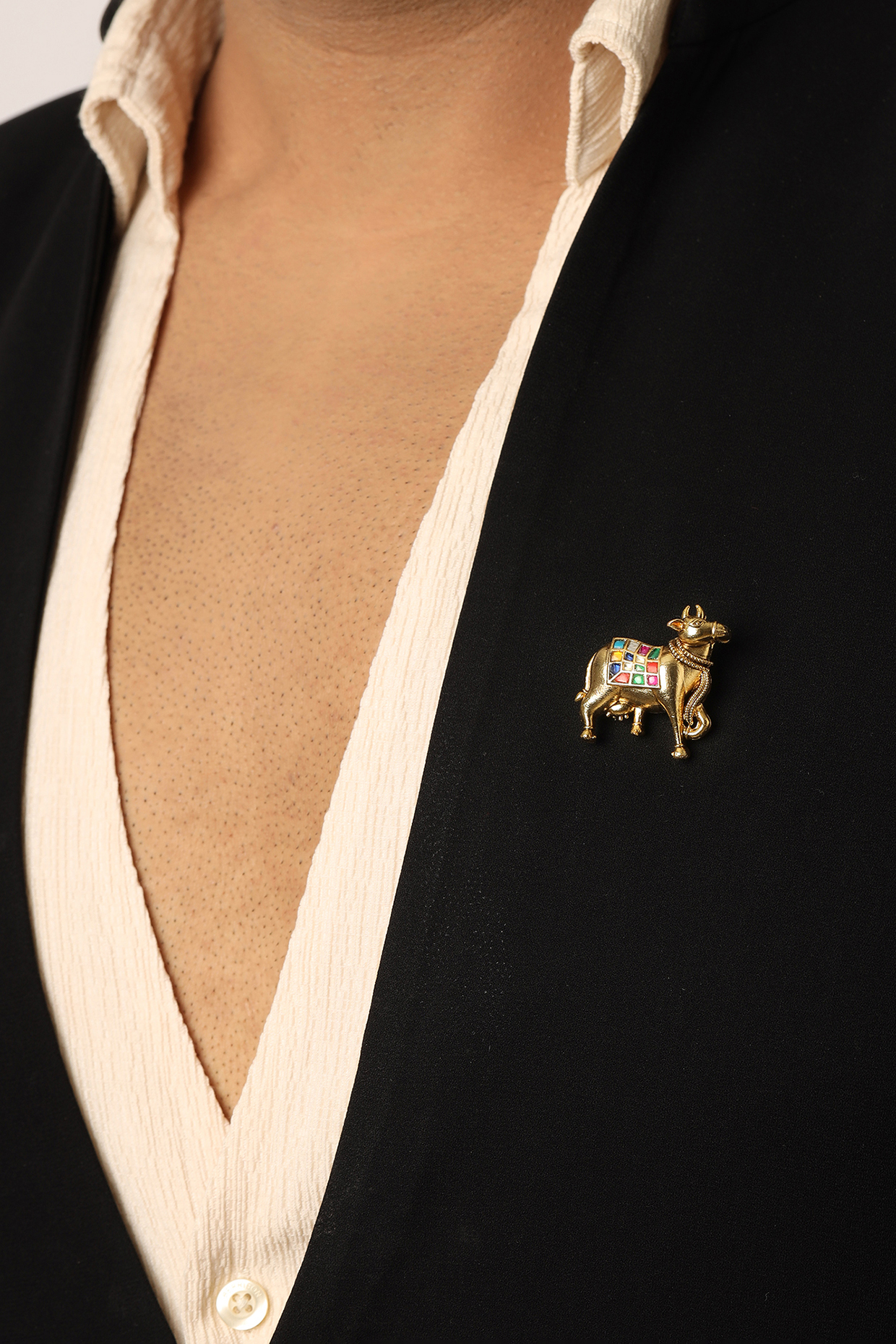 Gold Finish Brass & Multi-Colored Embellished Handcrafted Brooch by RUBY RAANG MEN