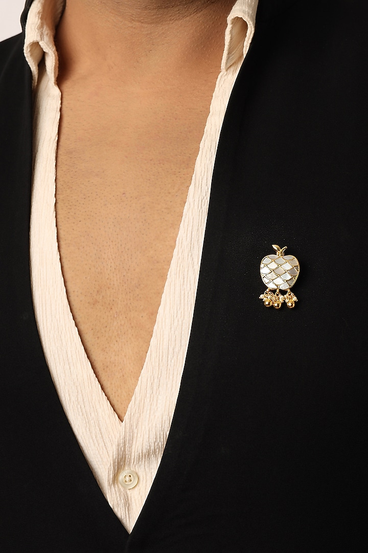 Gold Finish Brass Mother Of Pearl & White Stone Handcrafted Brooch by RUBY RAANG MEN at Pernia's Pop Up Shop