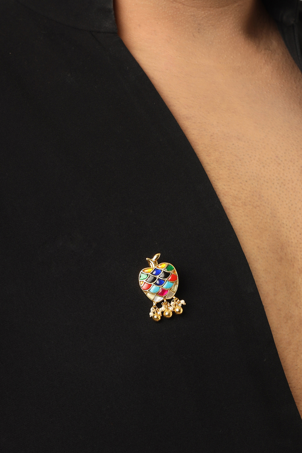 Gold Finish Brass Mirror Work & Multi-Colored Stone Handcrafted Brooch by RUBY RAANG MEN