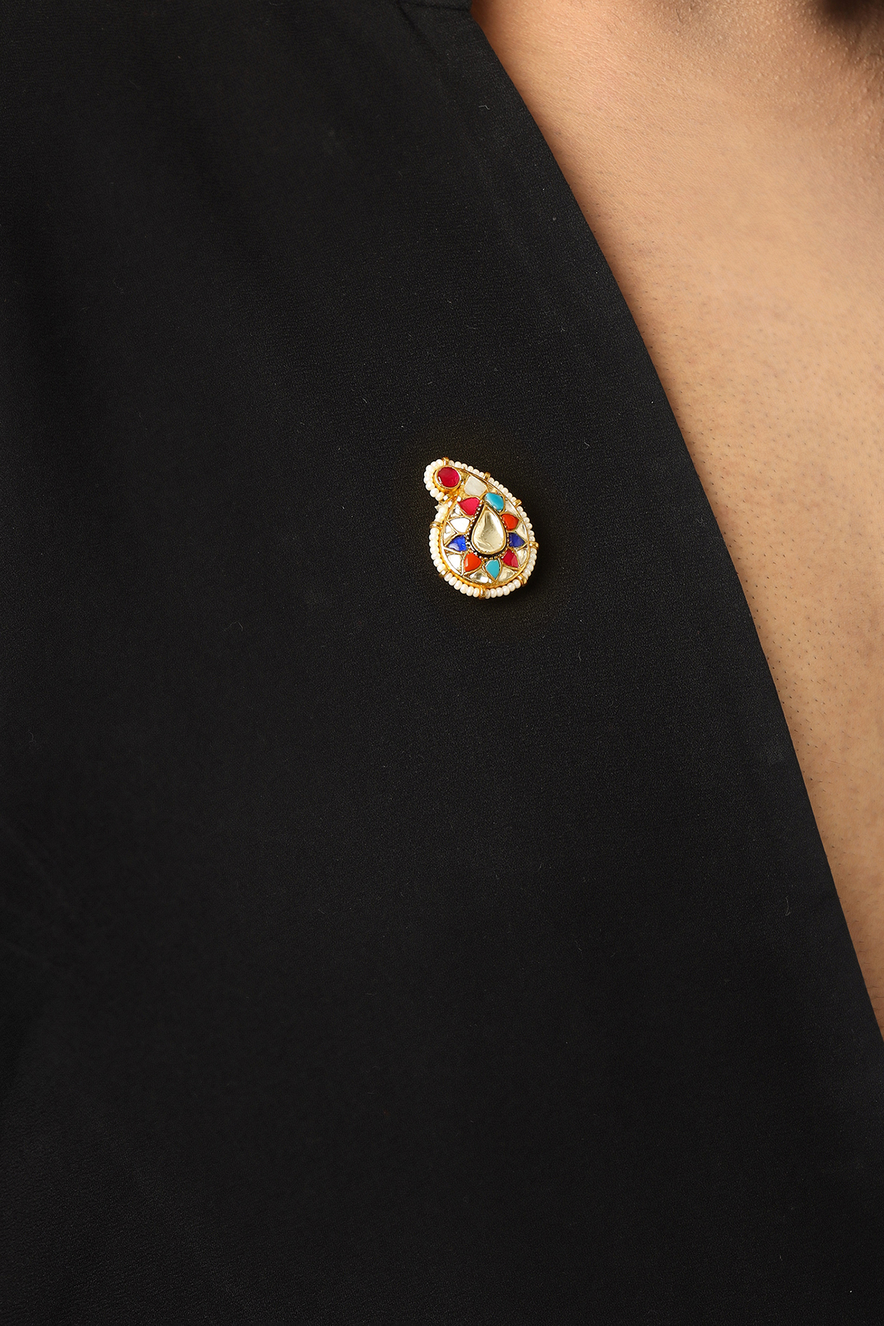 Gold Finish Brass Mirror Work & Multi-Colored Stone Handcrafted Brooch by RUBY RAANG MEN