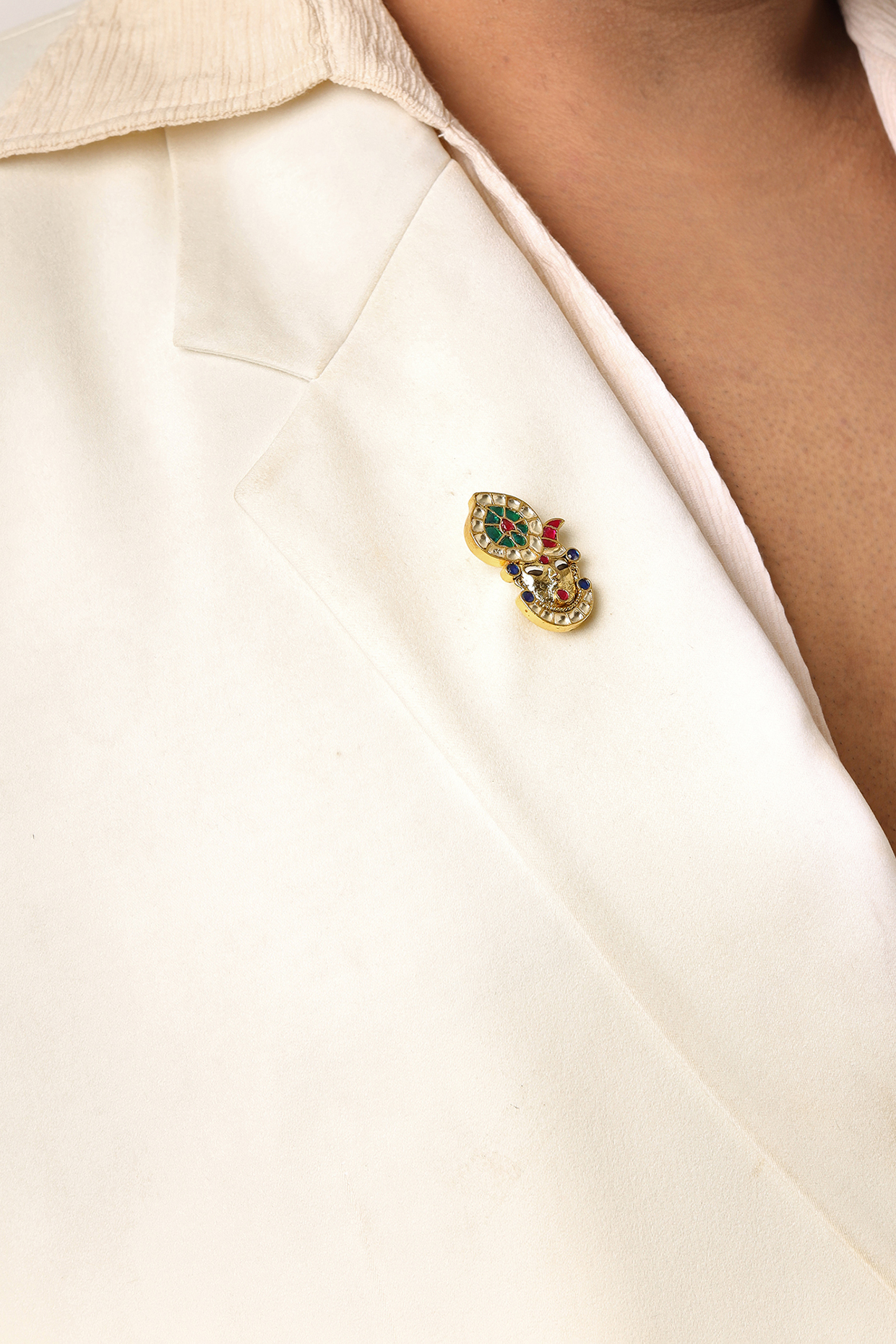Gold Finish Brass Mirror Work & Multi-Colored Stone Handcrafted Brooch by RUBY RAANG MEN