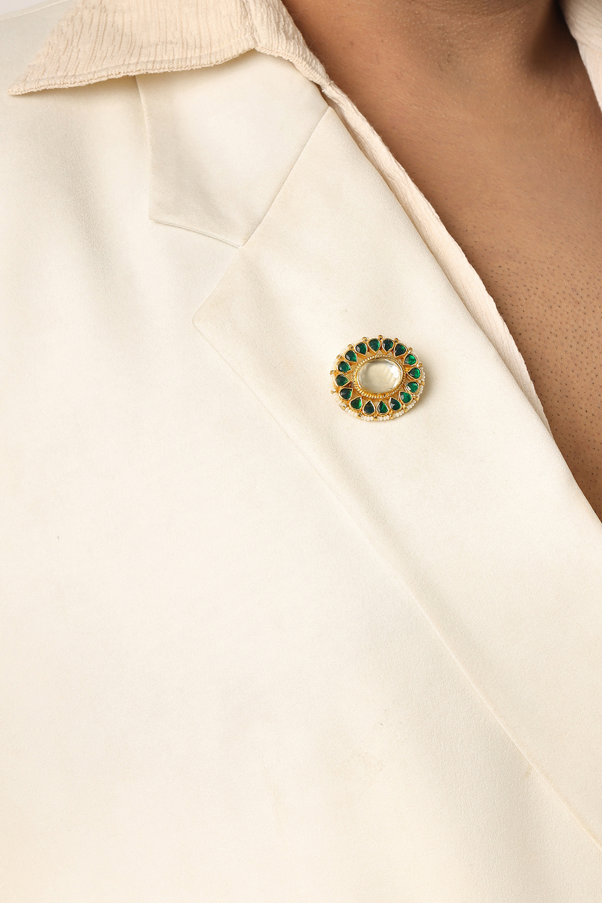 Gold Finish Brass Kundan & Multi-Colored Stone Handcrafted Brooch by RUBY RAANG MEN