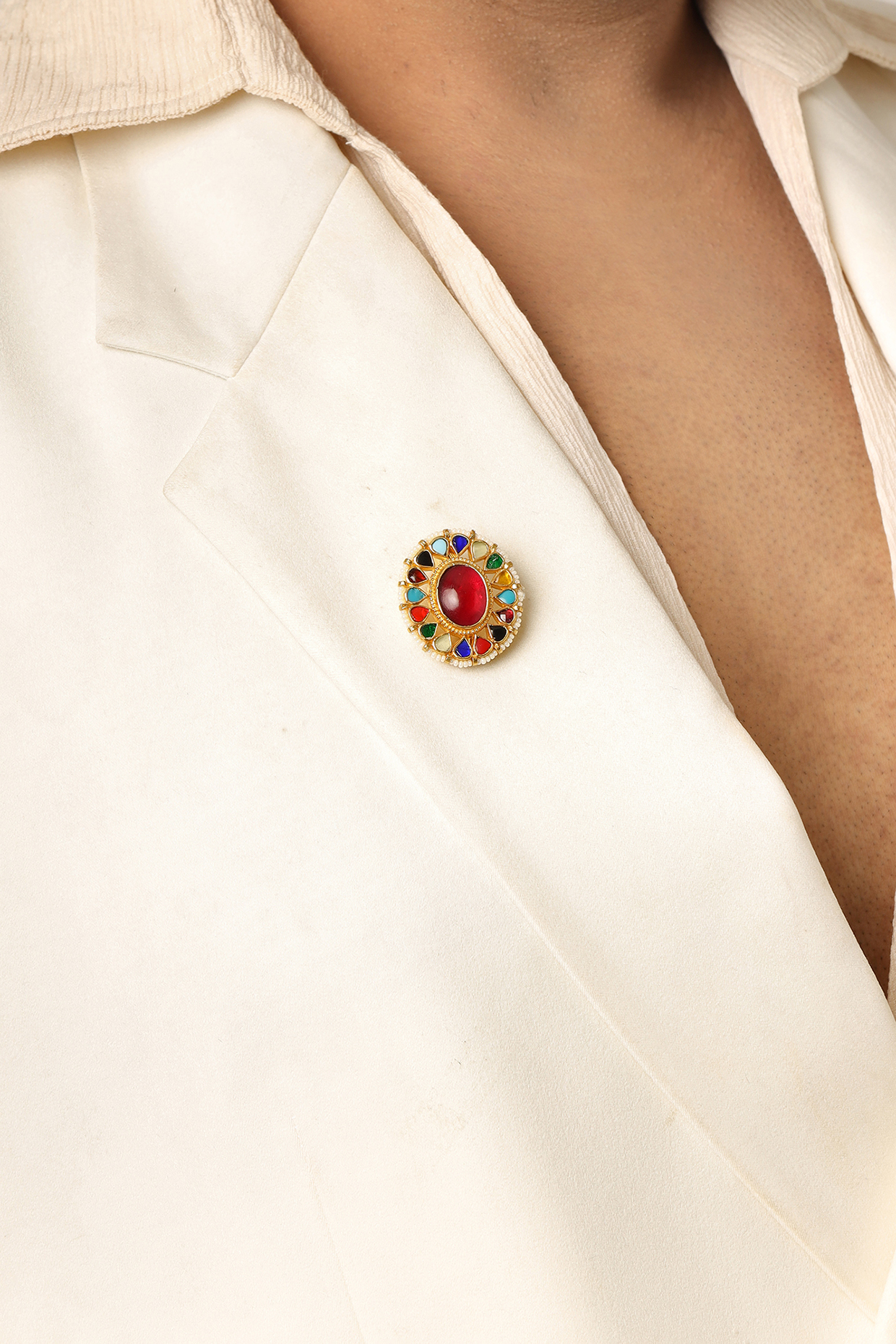 Gold Finish Brass Kundan & Multi-Colored Stone Handcrafted Brooch by RUBY RAANG MEN