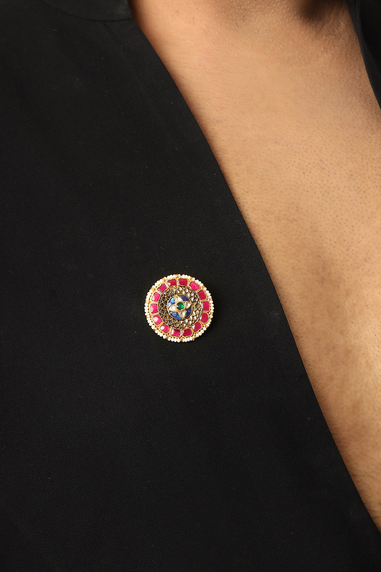 Gold Finish Brass Floral Motif & Multi-Colored Stone Handcrafted Brooch by RUBY RAANG MEN