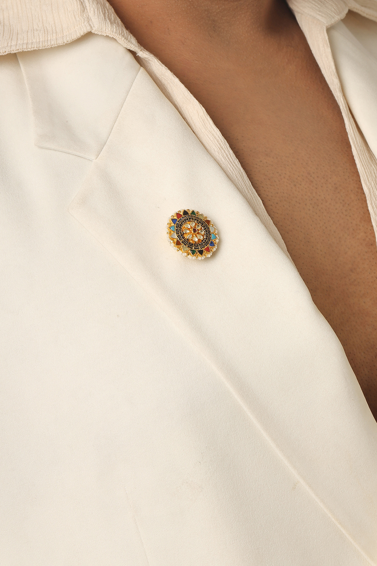 Gold Finish Brass Floral Motif & Multi-Colored Stone Handcrafted Brooch by RUBY RAANG MEN