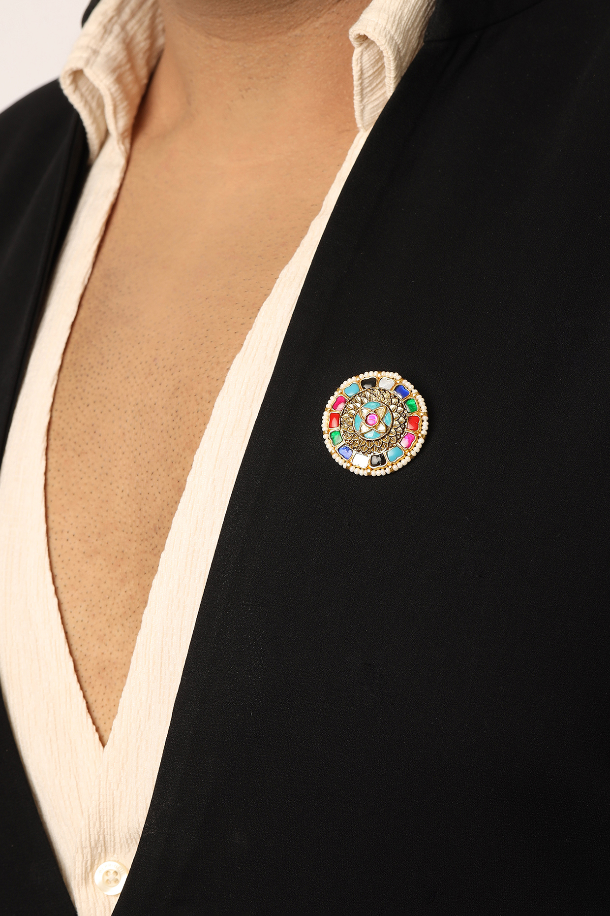Antique Gold Finish Brass Pearl & Multi-Colored Stone Handcrafted Brooch by RUBY RAANG MEN at Pernia's Pop Up Shop