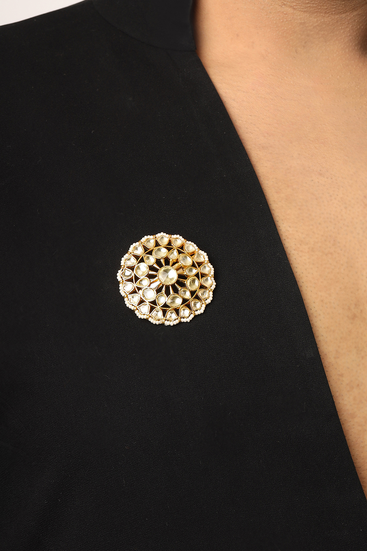 Gold Finish Brass Pearl & Kundan Stone Brooch by RUBY RAANG MEN