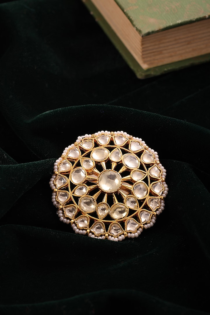 Gold Finish Brass Pearl & Kundan Stone Brooch by RUBY RAANG MEN at Pernia's Pop Up Shop