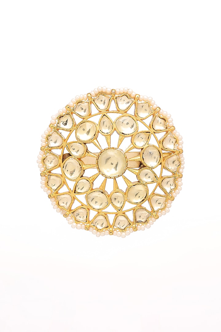 Gold Finish Brass Pearl & Kundan Stone Brooch by RUBY RAANG MEN at Pernia's Pop Up Shop
