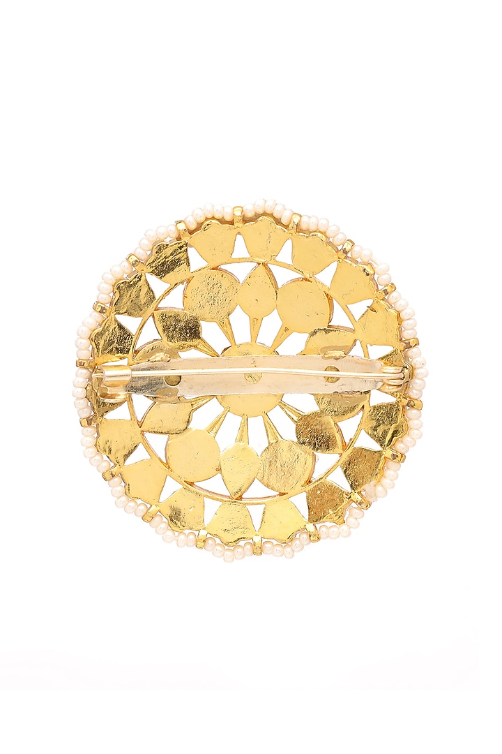Gold Finish Brass Pearl & Kundan Stone Brooch by RUBY RAANG MEN at Pernia's Pop Up Shop