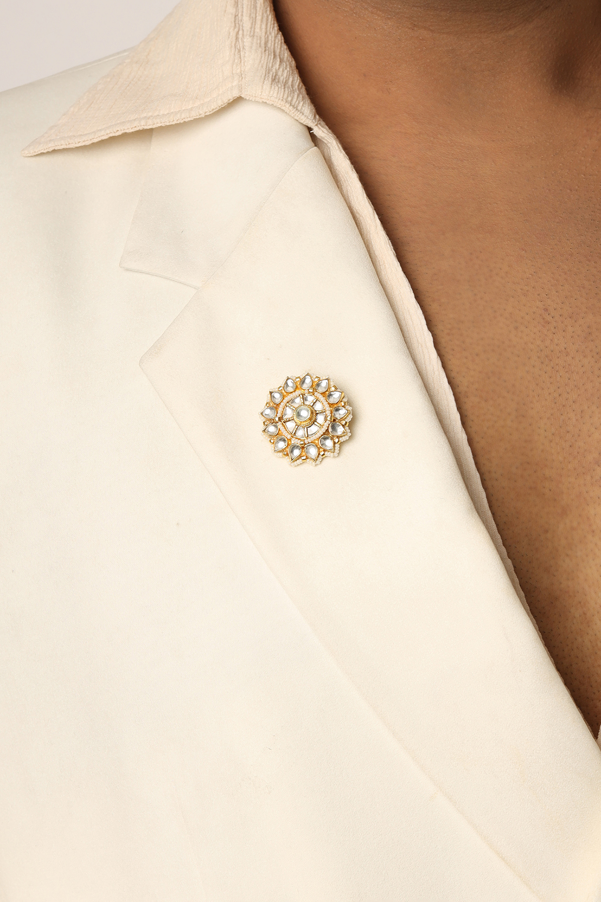 Gold Finish Brass Pearl & Kundan Polki Stone Brooch by RUBY RAANG MEN