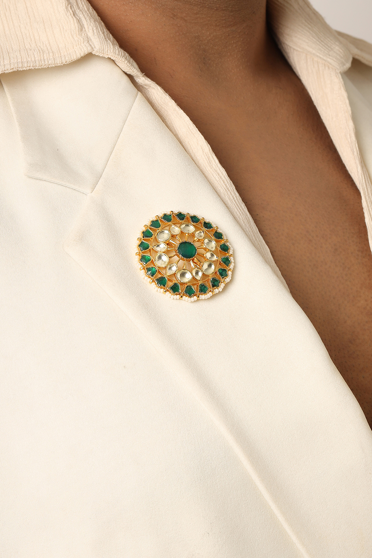Gold Finish Brass Emerald Kundan Stone Handcrafted Brooch by RUBY RAANG MEN at Pernia's Pop Up Shop