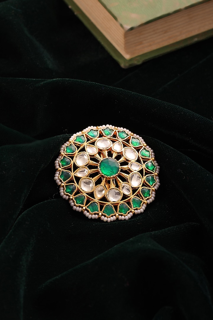 Gold Finish Brass Emerald Kundan Stone Handcrafted Brooch by RUBY RAANG MEN at Pernia's Pop Up Shop