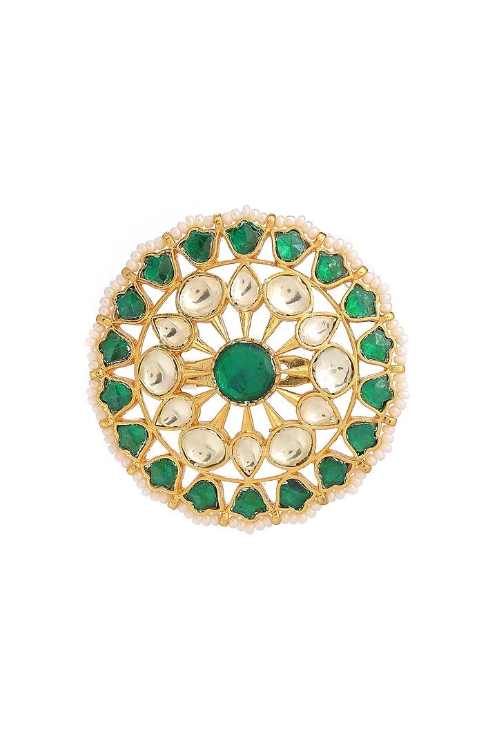 Gold Finish Brass Emerald Kundan Stone Handcrafted Brooch by RUBY RAANG MEN at Pernia's Pop Up Shop