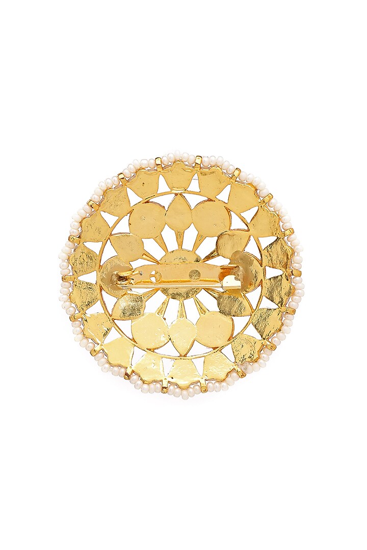 Gold Finish Brass Emerald Kundan Stone Handcrafted Brooch by RUBY RAANG MEN at Pernia's Pop Up Shop