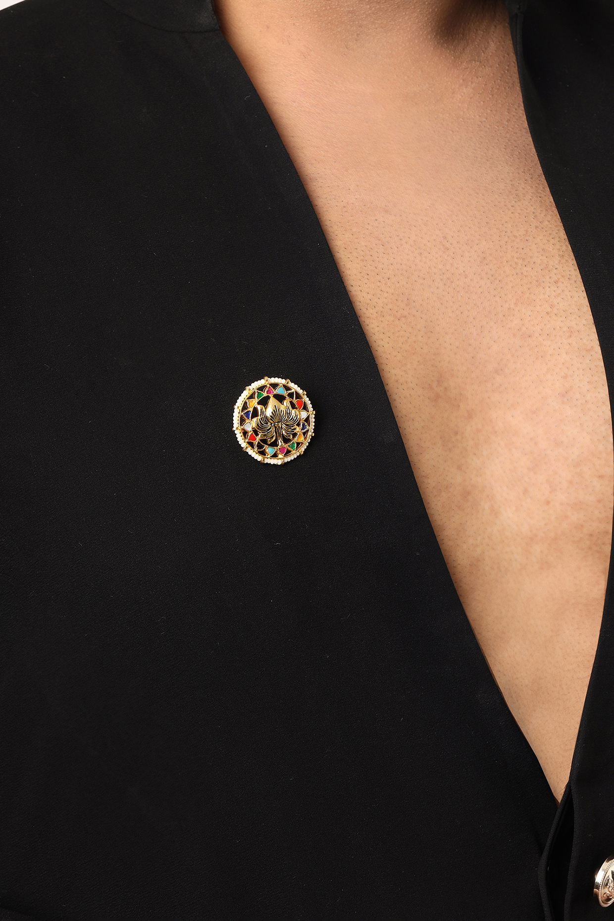 Antique Gold Finish Brass Pearl & Multi-Colored Stone Handcrafted Brooch by RUBY RAANG MEN