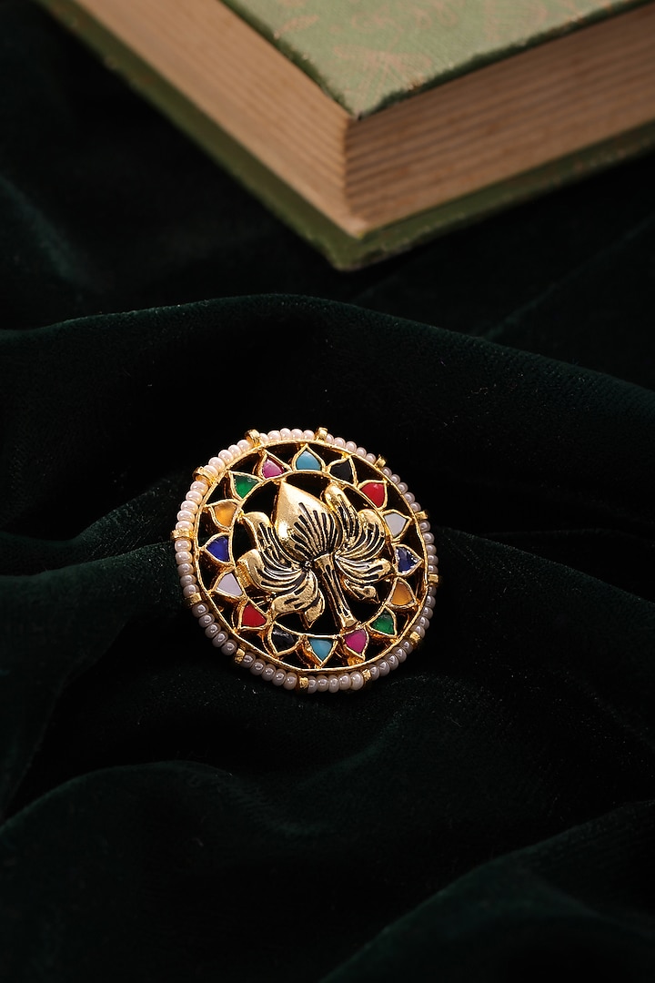 Antique Gold Finish Brass Pearl & Multi-Colored Stone Handcrafted Brooch by RUBY RAANG MEN at Pernia's Pop Up Shop