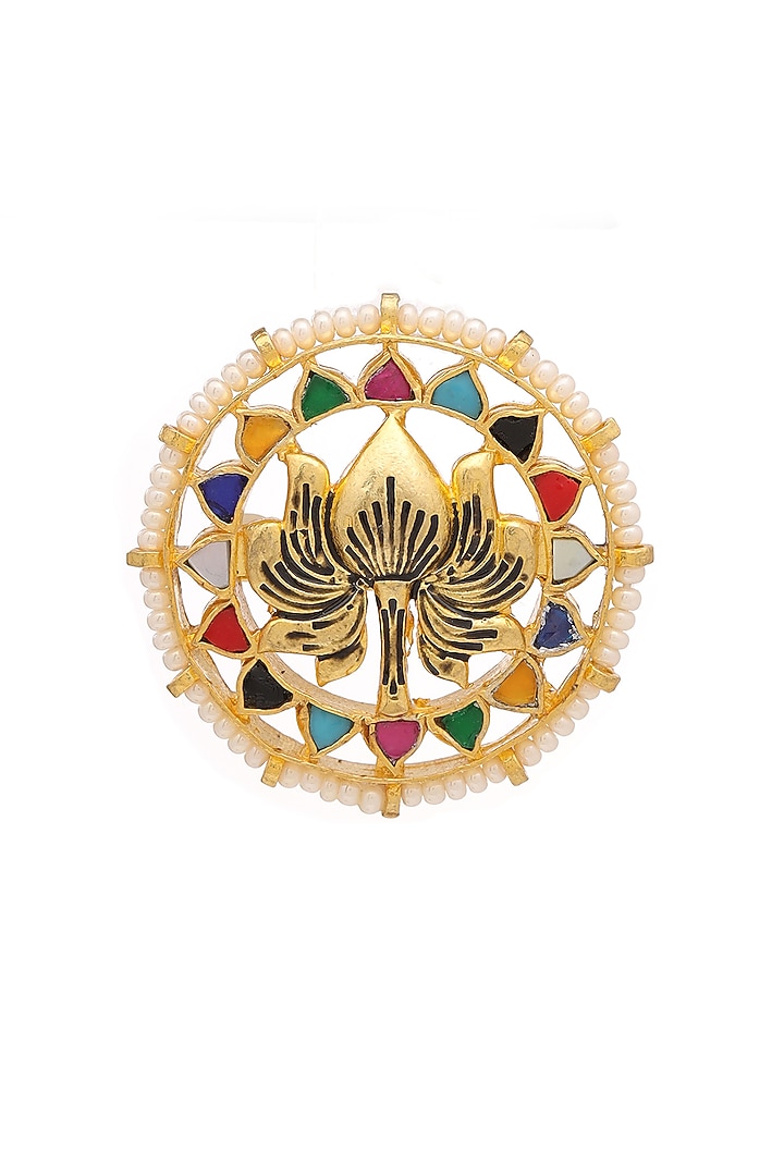 Antique Gold Finish Brass Pearl & Multi-Colored Stone Handcrafted Brooch by RUBY RAANG MEN at Pernia's Pop Up Shop