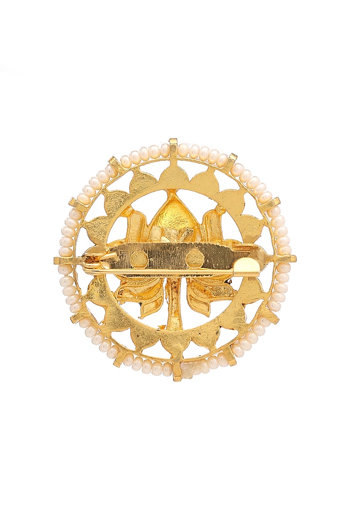 Antique Gold Finish Brass Pearl & Multi-Colored Stone Handcrafted Brooch by RUBY RAANG MEN at Pernia's Pop Up Shop
