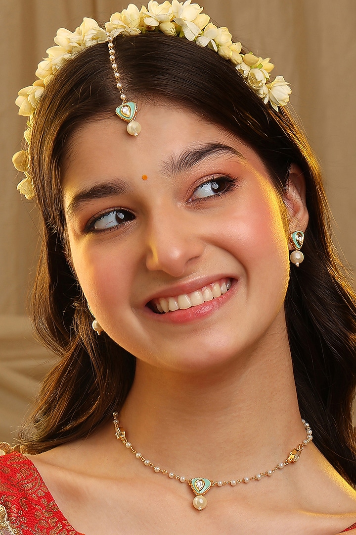 Gold Finish Green Kundan Necklace Set For Girls by Ruby Raang Kids at Pernia's Pop Up Shop