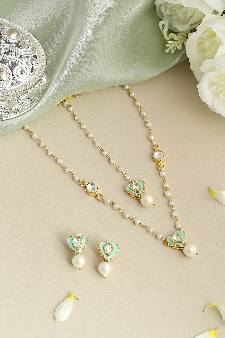 Gold Finish Green Kundan Necklace Set For Girls by Ruby Raang Kids at Pernia's Pop Up Shop