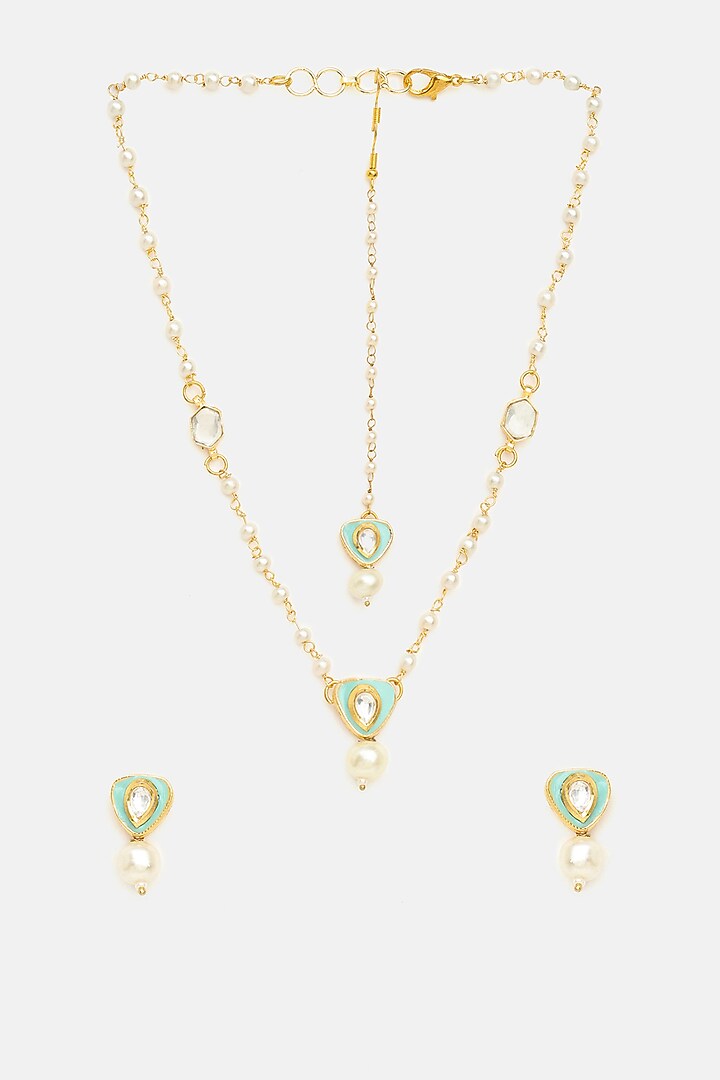 Gold Finish Green Kundan Necklace Set For Girls by Ruby Raang Kids at Pernia's Pop Up Shop