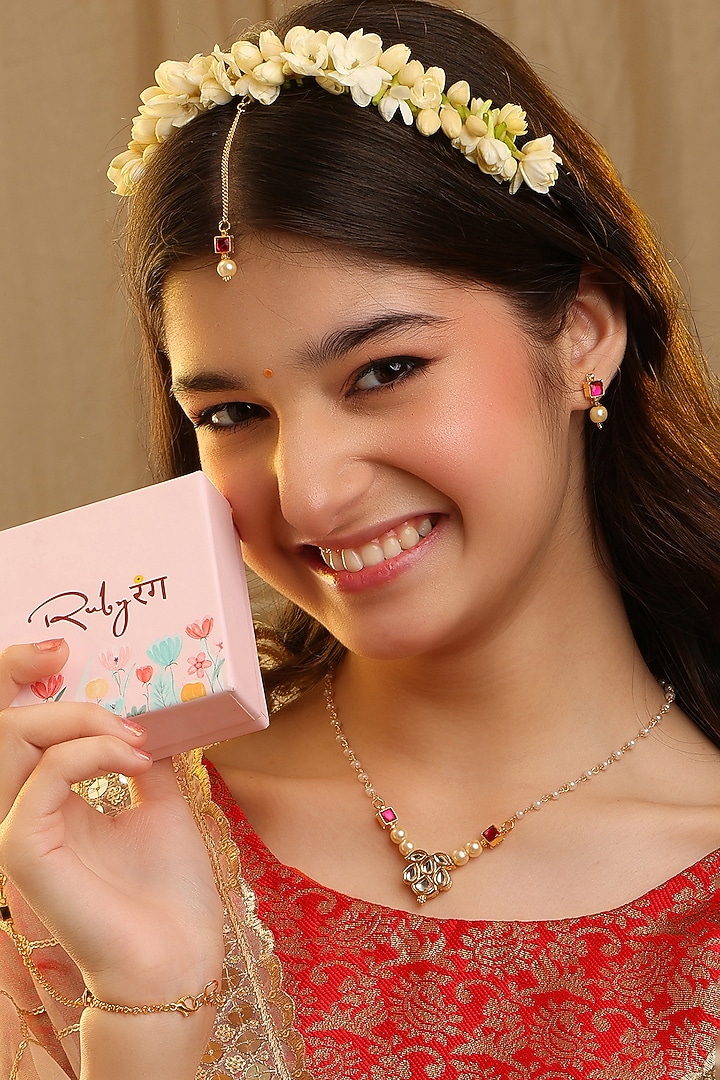 Gold Finish Green Kundan Necklace Set For Girls by Ruby Raang Kids at Pernia's Pop Up Shop